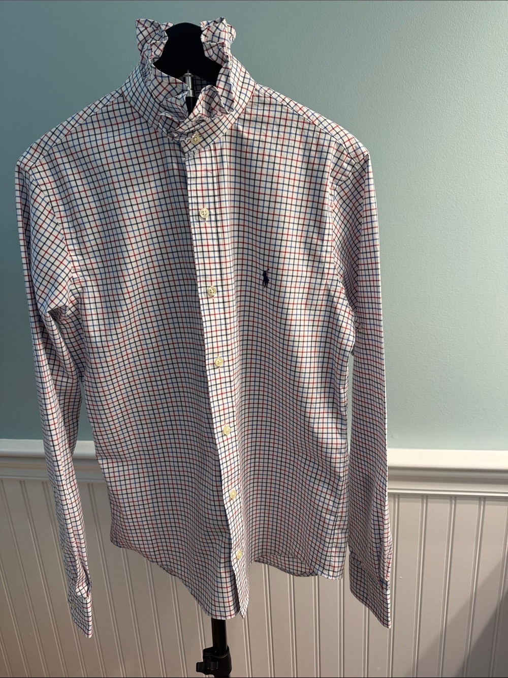 Reimagined Ralph Lauren navy, white and red  Windowpane shirt, ruffle collar